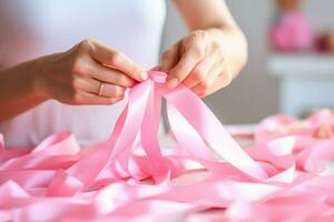 roze oktober - toegewijd vrouw, liefdevol het weven een roze lint, een symbool van bewustzijn voor de vroeg detectie van borst kanker. samen, wij zijn sterker. wij zullen ritme borst kanker. ai generatief foto