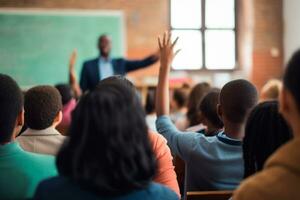 leraren dag - inspirerend leraar Bij de voorkant van de klas, toegewijd studenten verhogen hun handen in teken van deelname. Aan leraren dag, wij vieren die wie vorm geesten. ai generatief foto