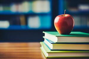 leraren dag - boeken en appels, symbolen van kennis en dankbaarheid, sieren de tafel in viering van de dag van opvoeders wie vorm geesten en harten. generatief ai foto