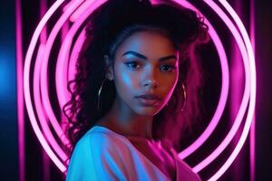 portret van jong Afrikaanse Amerikaans vrouw in neon licht. ai gegenereerd foto