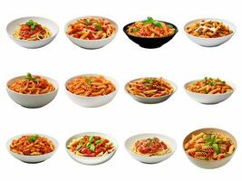 ai gegenereerd pasta met tomaat saus in een kom verzameling geïsoleerd Aan wit achtergrond. foto