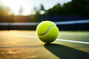 detailopname van tennis bal Aan rechtbank vloer. ai gegenereerd foto