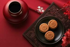 maan taart mooncake tafel instelling - ronde vormig Chinese traditioneel gebakje met thee cups Aan houten achtergrond, midden herfst festival concept, dichtbij omhoog. generatief ai foto