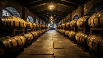 wijn vaten gestapeld in de oud kelder van de wijnmakerij. generatief ai foto