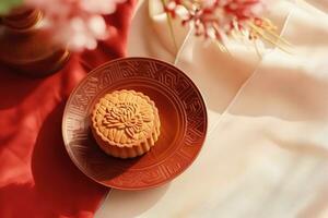 maan taart mooncake tafel instelling - ronde vormig Chinese traditioneel gebakje met thee cups Aan houten achtergrond, midden herfst festival concept, dichtbij omhoog. generatief ai foto