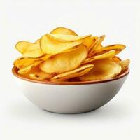 kom met smakelijk aardappel chips Aan wit achtergrond. generatief ai foto