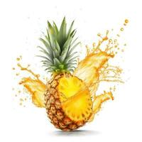 water spatten Aan spleet ananas fruit geïsoleerd Aan een geel achtergrond. generatief ai foto