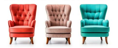 reeks van klassiek drie fauteuil en drie kleur kunst deco stijl in turkoois fluweel met hout poten geïsoleerd Aan wit achtergrond. generatief ai foto
