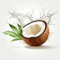 kokosnoot helften en water plons Aan wit achtergrond heerlijk tropisch kokosnoten en spatten water Aan wit achtergrond generatief ai foto