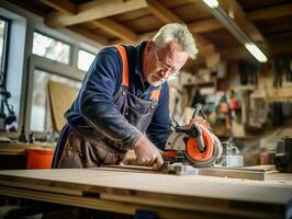 ai gegenereerd senior mannetje timmerman assists jonger collega met meten en snijdend hout in timmerwerk werkplaats. ervaren timmerman aandelen kennis en expertise met leerling. foto