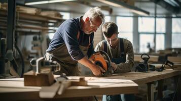 ai gegenereerd senior mannetje timmerman assists jonger collega met meten en snijdend hout in timmerwerk werkplaats. ervaren timmerman aandelen kennis en expertise met leerling. foto