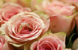 goud diamant verloving ring in mooi roze roos bloem tussen groot bedrag van rozen in groot boeket dichtbij omhoog foto