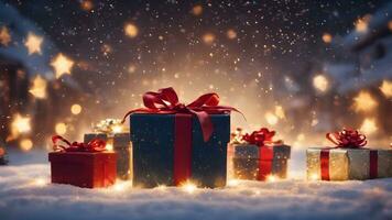 ai gegenereerd sterren in lucht Kerstmis achtergrond met vonken licht deeltjes, cadeaus foto