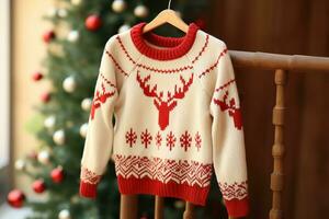 knus wit Dames trui met rood hert breien patroon. met lange mouwen, gebreid trui voor Dames en familie. generatief ai foto