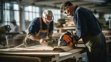 ai gegenereerd senior mannetje timmerman assists jonger collega met meten en snijdend hout in timmerwerk werkplaats. ervaren timmerman aandelen kennis en expertise met leerling. foto