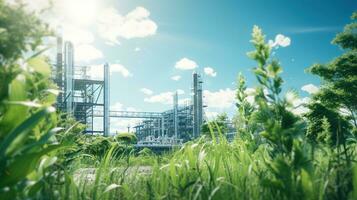 chemisch industrieel fabriek omringd door groen bomen en blauw lucht Aan een zomer dag. foto