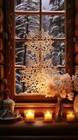 ingewikkeld sneeuwvlokken dans Aan een knus cabine vensterbank, verlichte door de warm gloed van een haard. generatief ai foto