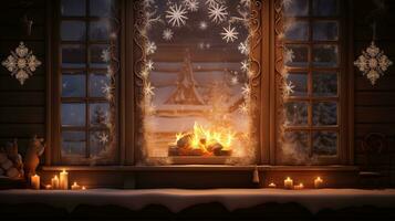 ingewikkeld sneeuwvlokken dans Aan een knus cabine vensterbank, verlichte door de warm gloed van een haard. generatief ai foto