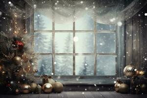 ai gegenereerd Kerstmis interieur met venster en Kerstmis boom. winter vakantie concept, Kerstmis decor achtergrond, ai gegenereerd foto