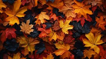 top visie van rood, oranje, en geel bladeren achtergrond, gedaald bladeren in herfst. ai generatief foto