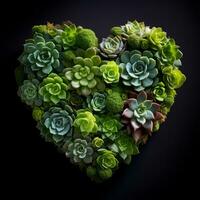 ai gegenereerd de hart is bekleed met mooi vetplanten Aan een zwart achtergrond foto