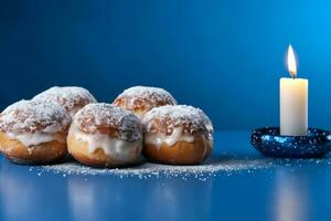 ai gegenereerd Chanoeka donuts met gepoederd suiker Aan een blauw achtergrond. foto
