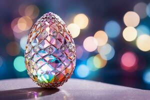 ai gegenereerd glamoureus glimmend Pasen ei in steentjes en schitteren Aan een neon achtergrond. foto