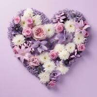 ai gegenereerd de hart is bekleed met mooi veelkleurig bloemen in roze en Purper foto