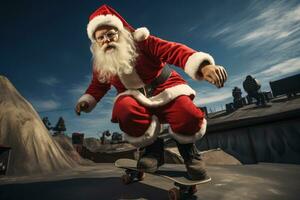 de kerstman claus uitvoeren indrukwekkend skateboard trucs in een skatepark, mengen santa's iconisch beeld met vleet cultuur. ai gegenereerd foto