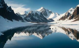 majestueus tegen een briljant azuur lucht, met een sereen alpine meer genesteld in haar uitlopers. ai generatief foto