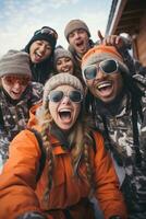 groep van jong mensen Aan skiën, gemaakt met generatief ai foto