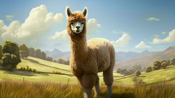 ai gegenereerd alpaca staat in een veld- met bergen in de achtergrond foto