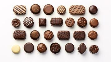 een afbeelding van chocolaatjes geïsoleerd Aan een wit oppervlak. foto