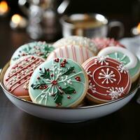 watertanden assortiment van heerlijk versierd Kerstmis peperkoek gember koekjes. verschillend kleuren. Kerstmis presenteert reclame. foto