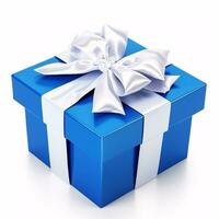 een verpakt geschenk met een lint, drijvend Aan een crèmekleurig achtergrond.a boog bijgevuld, blauw doos zit tegen een wit achtergrond. foto