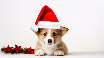 een pembroke welsh corgi pup vervelend een feestelijk rood pet is uitgelicht solo Aan een wit achtergrond. foto