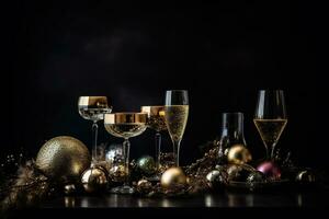 ai gegenereerd een tafel met Champagne bril en Kerstmis decoraties foto