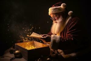 ai gegenereerd de kerstman claus lezing een boek met sparkles foto