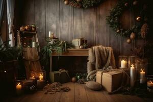 ai gegenereerd Kerstmis decoraties in een kamer met kaarsen en cadeaus foto