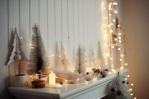 ai gegenereerd een wit mantel met Kerstmis decoraties en lichten foto