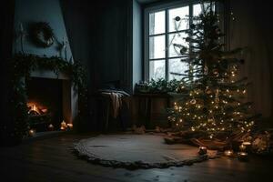ai gegenereerd een Kerstmis boom is lit in voorkant van een haard foto