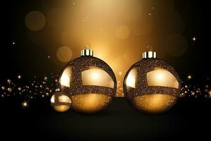 ai gegenereerd gouden Kerstmis achtergrond met Kerstmis ballen en glimmend goud decoraties foto