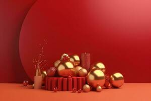 ai gegenereerd Kerstmis decoraties Aan rood achtergrond foto