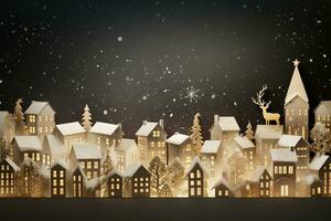 ai gegenereerd Kerstmis stad met sneeuw en lichten Aan een zwart achtergrond foto