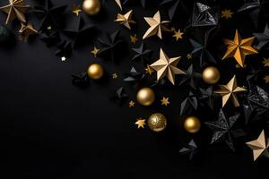 ai gegenereerd zwart en goud Kerstmis decoraties Aan een zwart achtergrond foto