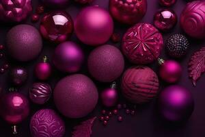 ai gegenereerd een Purper achtergrond met veel verschillend gekleurde Kerstmis ballen foto