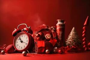 ai gegenereerd een rood alarm klok met Kerstmis decoraties foto