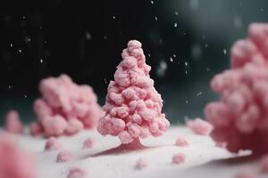 ai gegenereerd een roze Kerstmis boom is getoond in de sneeuw foto