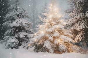 ai gegenereerd Kerstmis boom in sneeuw met lichten foto