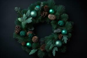 ai gegenereerd Kerstmis krans met groen ballen en pijnboom kegels Aan een donker achtergrond foto